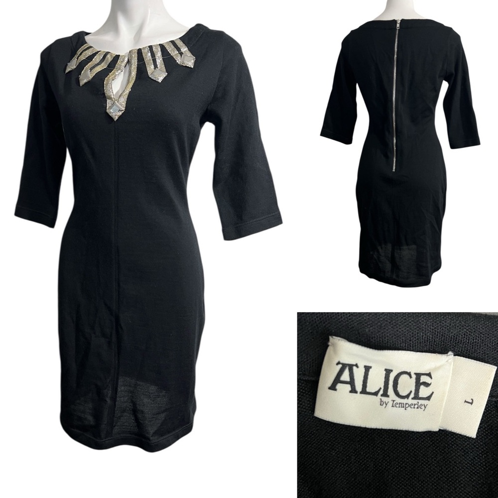 ALICE by Temperley sweater dress sz L Black w/ Silver Accents 100% wool 3/4‎ slv